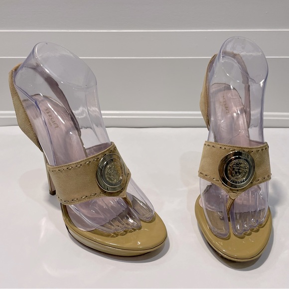 Versace Beige Suede Medusa High heel sandals RARE runway. 37 - Picture 1 of 6